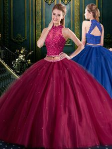 Customized Burgundy Two Pieces Tulle Halter Top Sleeveless Appliques Floor Length Lace Up Quinceanera Court of Honor Dress