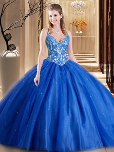 Blue Sleeveless Tulle Lace Up Quinceanera Gowns for Military Ball and Sweet 16 and Quinceanera