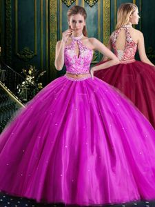 Extravagant Halter Top Floor Length Fuchsia Sweet 16 Dresses Tulle Sleeveless Beading and Lace and Appliques