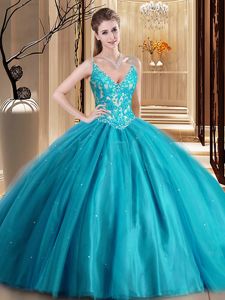 Teal Tulle Lace Up Quince Ball Gowns Sleeveless Floor Length Beading and Lace and Appliques