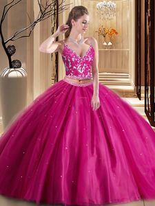 Cute Hot Pink Spaghetti Straps Neckline Beading and Appliques Quinceanera Gown Sleeveless Lace Up