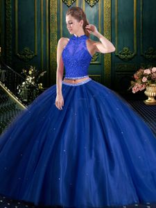 Royal Blue Sleeveless Floor Length Beading and Lace and Appliques Lace Up Ball Gown Prom Dress