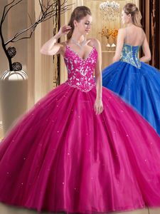 Ideal Hot Pink Lace Up 15th Birthday Dress Beading and Appliques Sleeveless Floor Length