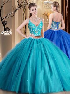 Sweet Teal Sweet 16 Quinceanera Dress Military Ball and Sweet 16 and Quinceanera and For with Beading and Lace and Appliques Spaghetti Straps Sleeveless Lace Up