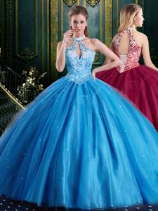Clearance Halter Top Sleeveless Quinceanera Gown Floor Length Beading and Lace and Appliques Baby Blue Tulle