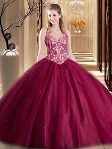 Edgy Burgundy Tulle Lace Up 15th Birthday Dress Sleeveless Floor Length Beading and Lace and Appliques