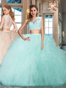 Cap Sleeves Floor Length Appliques and Ruffles Zipper Quinceanera Gown with Aqua Blue