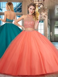 Halter Top Orange Red Tulle Backless Sweet 16 Dresses Sleeveless Floor Length Beading