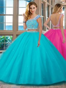 Scoop Backless Aqua Blue Cap Sleeves Beading and Ruffles Floor Length Quinceanera Gowns