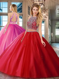 Best Red Tulle Backless Scoop Sleeveless Floor Length Quinceanera Gown Beading