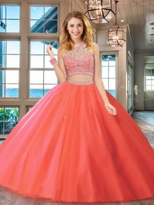 Scoop Sleeveless Floor Length Beading Backless Quinceanera Dress with Watermelon Red