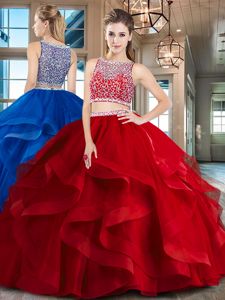 Fashion Floor Length Red Quinceanera Dress Bateau Sleeveless Side Zipper