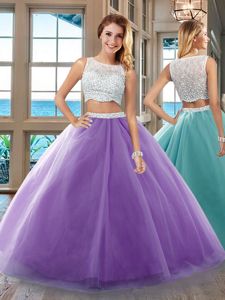 Purple Sleeveless Floor Length Beading Side Zipper 15th Birthday Dress