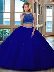 Scoop Sleeveless Backless Ball Gown Prom Dress Royal Blue Tulle