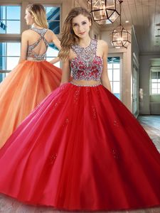 Scoop Criss Cross Red Sleeveless Brush Train Beading and Appliques With Train Sweet 16 Dress