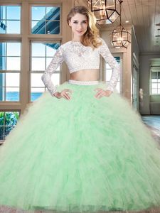 Custom Fit Scoop Long Sleeves Zipper Floor Length Beading and Lace and Ruffles Quinceanera Gown