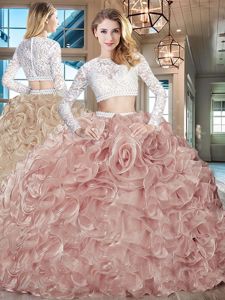 Organza Scoop Long Sleeves Brush Train Zipper Beading and Lace and Ruffles Quinceanera Dress in Pink