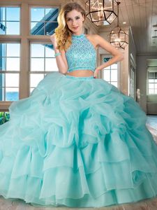 Discount Halter Top Pick Ups Ruffled Aqua Blue Sleeveless Organza Brush Train Backless Ball Gown Prom Dress for Military Ball and Sweet 16 and Quinceanera