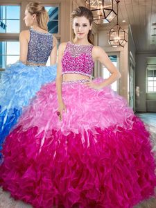 Beautiful Multi-color Organza Side Zipper Bateau Sleeveless Floor Length Sweet 16 Dresses Beading and Ruffles