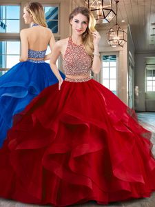 Tulle Halter Top Sleeveless Brush Train Backless Beading and Ruffles Sweet 16 Dress in Red