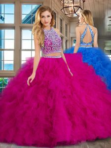 Dazzling Scoop Sleeveless Beading and Ruffles Backless 15th Birthday Dress