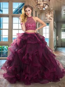 Wonderful Brush Train Two Pieces Quinceanera Gown Dark Purple Halter Top Tulle Sleeveless Backless