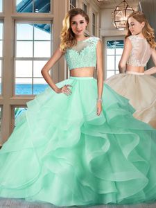 Apple Green Tulle Zipper Bateau Cap Sleeves Floor Length Quinceanera Dress Appliques and Ruffles