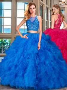 Scoop Tulle Sleeveless Floor Length Quinceanera Dresses and Beading and Ruffles