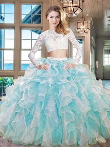 Adorable Scoop Aqua Blue Two Pieces Beading and Lace and Ruffles Vestidos de Quinceanera Zipper Organza Long Sleeves Floor Length