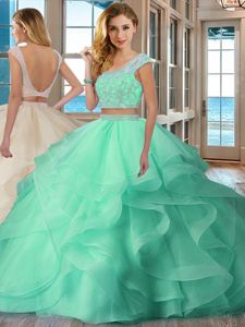 Scoop Cap Sleeves Floor Length Backless Quince Ball Gowns Apple Green and In for Military Ball and Sweet 16 and Quinceanera with Beading and Ruffles