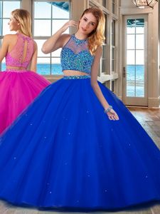 Royal Blue High-neck Lace Up Beading Quinceanera Gowns Sleeveless