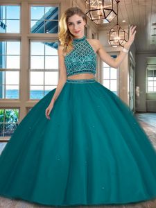 Wonderful Teal Two Pieces Tulle Halter Top Sleeveless Beading Floor Length Backless Sweet 16 Dresses