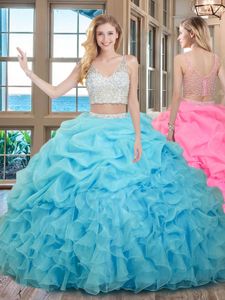 Designer Pick Ups Baby Blue Sleeveless Organza Zipper Vestidos de Quinceanera for Military Ball and Sweet 16 and Quinceanera