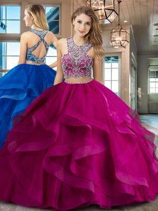 Designer Fuchsia Two Pieces Tulle Scoop Sleeveless Beading and Ruffles With Train Criss Cross Quinceanera Dress Brush Train