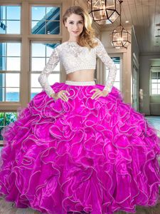 Fuchsia Zipper Scoop Beading and Lace and Ruffles 15 Quinceanera Dress Organza Long Sleeves