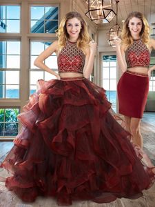 Extravagant Halter Top Beading and Ruffles Ball Gown Prom Dress Burgundy Backless Sleeveless Brush Train