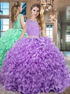 Bateau Sleeveless Organza Ball Gown Prom Dress Lace and Ruffles Lace Up