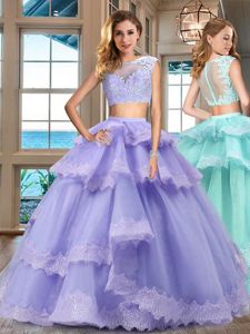 Ruffled Bateau Cap Sleeves Zipper 15 Quinceanera Dress Lavender Tulle