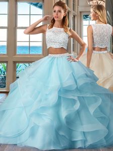 Sleeveless Floor Length Beading and Ruffles Side Zipper Sweet 16 Quinceanera Dress with Light Blue