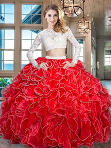 Hot Selling Scoop Red Long Sleeves Organza Zipper Quinceanera Gown for Military Ball and Sweet 16 and Quinceanera