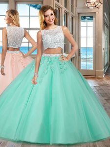 Smart Apple Green Tulle Side Zipper Bateau Sleeveless Floor Length Sweet 16 Dress Beading and Appliques