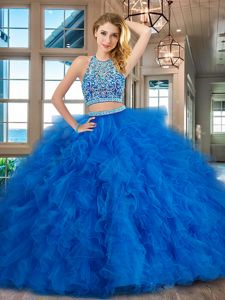 Fancy Scoop Blue Backless Sweet 16 Dresses Beading and Ruffles Sleeveless Floor Length