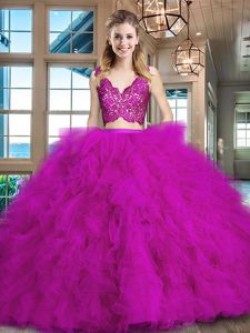 Luxury Fuchsia Sweet 16 Dresses Tulle Brush Train Sleeveless Lace and Ruffles