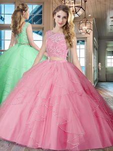 Rose Pink Two Pieces Bateau Sleeveless Tulle With Brush Train Lace Up Lace and Ruffles Sweet 16 Dresses