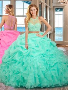 Stunning Apple Green Organza Lace Up High-neck Sleeveless Floor Length 15th Birthday Dress Beading and Ruffles