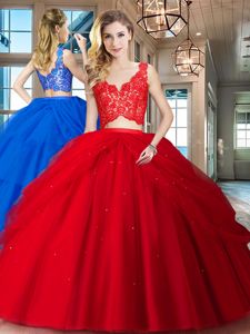 Tulle V-neck Sleeveless Zipper Lace and Ruffled Layers Quinceanera Gowns in Red