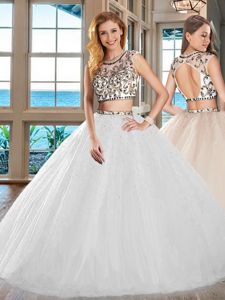 Scoop Backless White Cap Sleeves Beading Floor Length Quinceanera Gowns