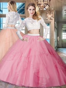 Scoop Long Sleeves 15 Quinceanera Dress Floor Length Beading and Lace and Ruffles Rose Pink Tulle