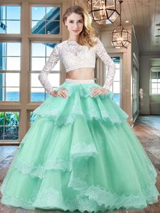 Scoop Long Sleeves Tulle and Lace Floor Length Zipper 15 Quinceanera Dress in Apple Green for with Beading and Lace and Ruffled Layers