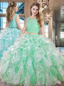 Free and Easy Apple Green Sleeveless Floor Length Lace and Ruffles Lace Up Quinceanera Dresses